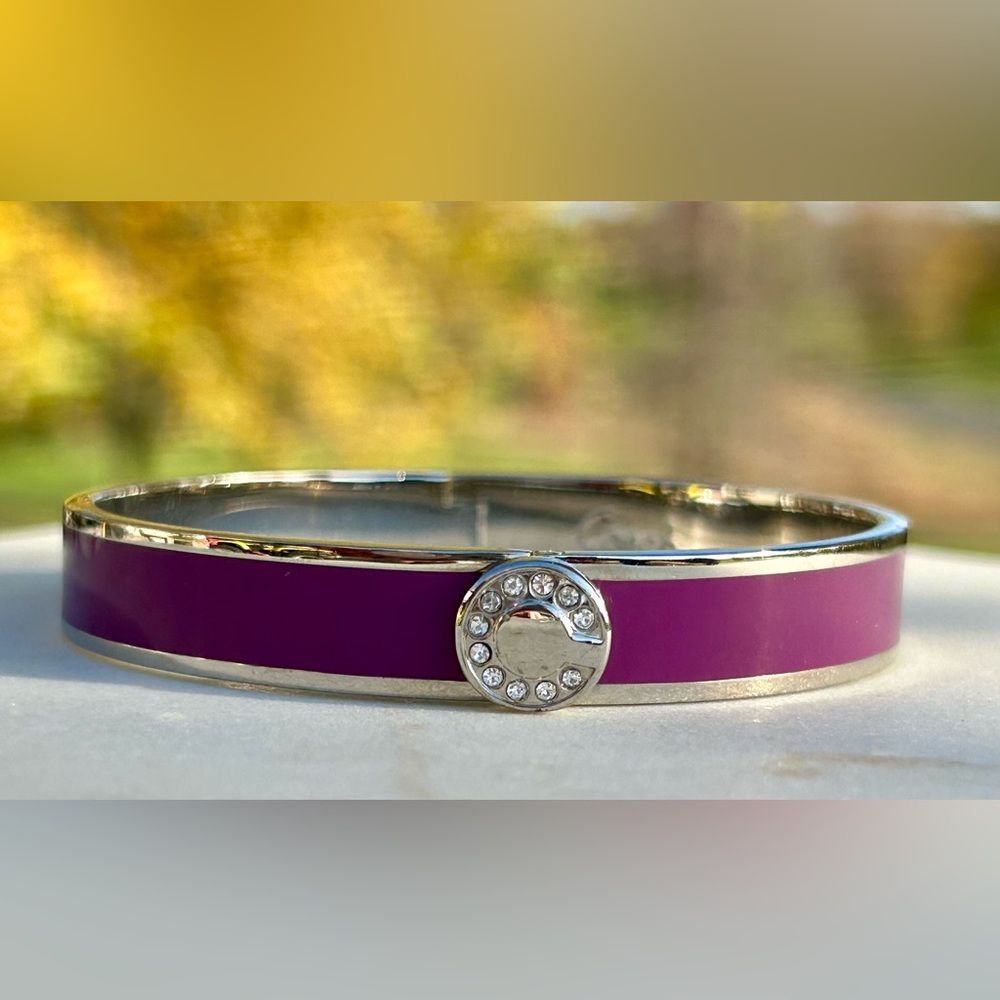Coach Signature C Magenta Purple Silver Enameled Hinged Bangle Bracelet - Picture 15 of 15